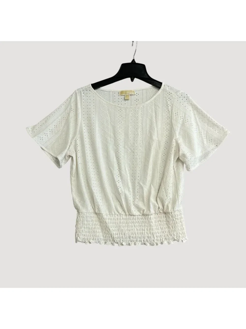 Michael  Kors Women's M White Eyelet Short Sleeve Smocked Hem Top P0432